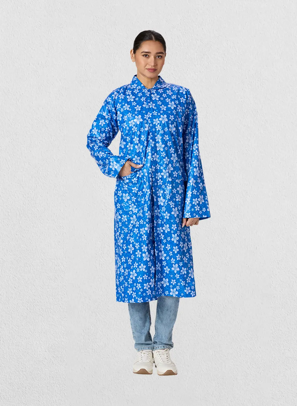 Aashi Jhalak Women’s Printed Raincoat | High-Gloss PVC Knee-Length Waterproof Trench